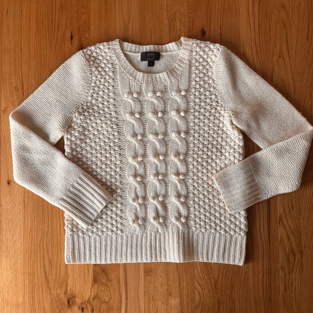 J. Crew 100% Lambswool Handknit Popcorn Cable Knit Sweater Cream White Size S